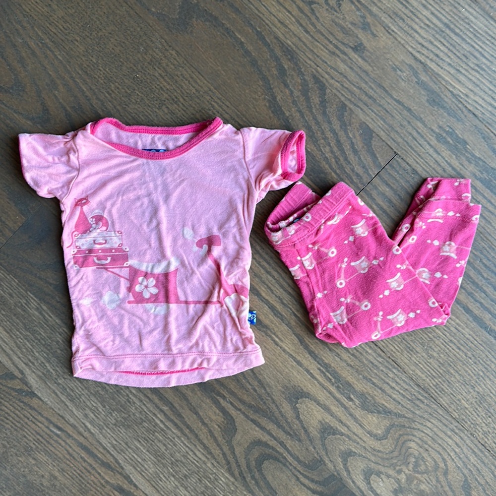 Kickee Pants 2 piece pajamas. Hot pink with cat and scooter.